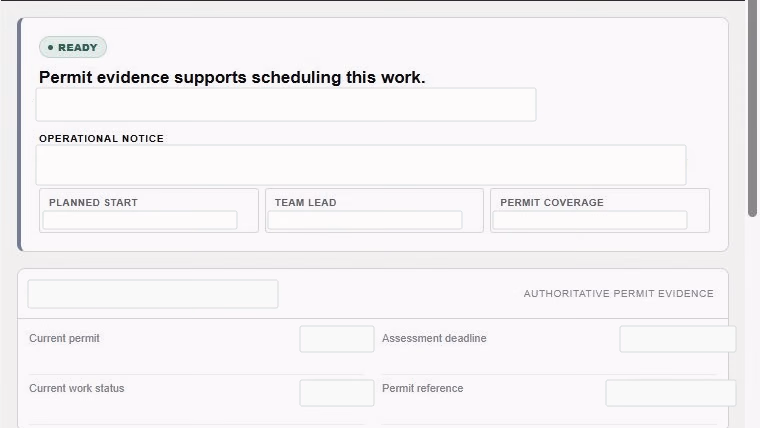 An anonymised permit readiness record showing a decision, operational notice and authoritative evidence fields.