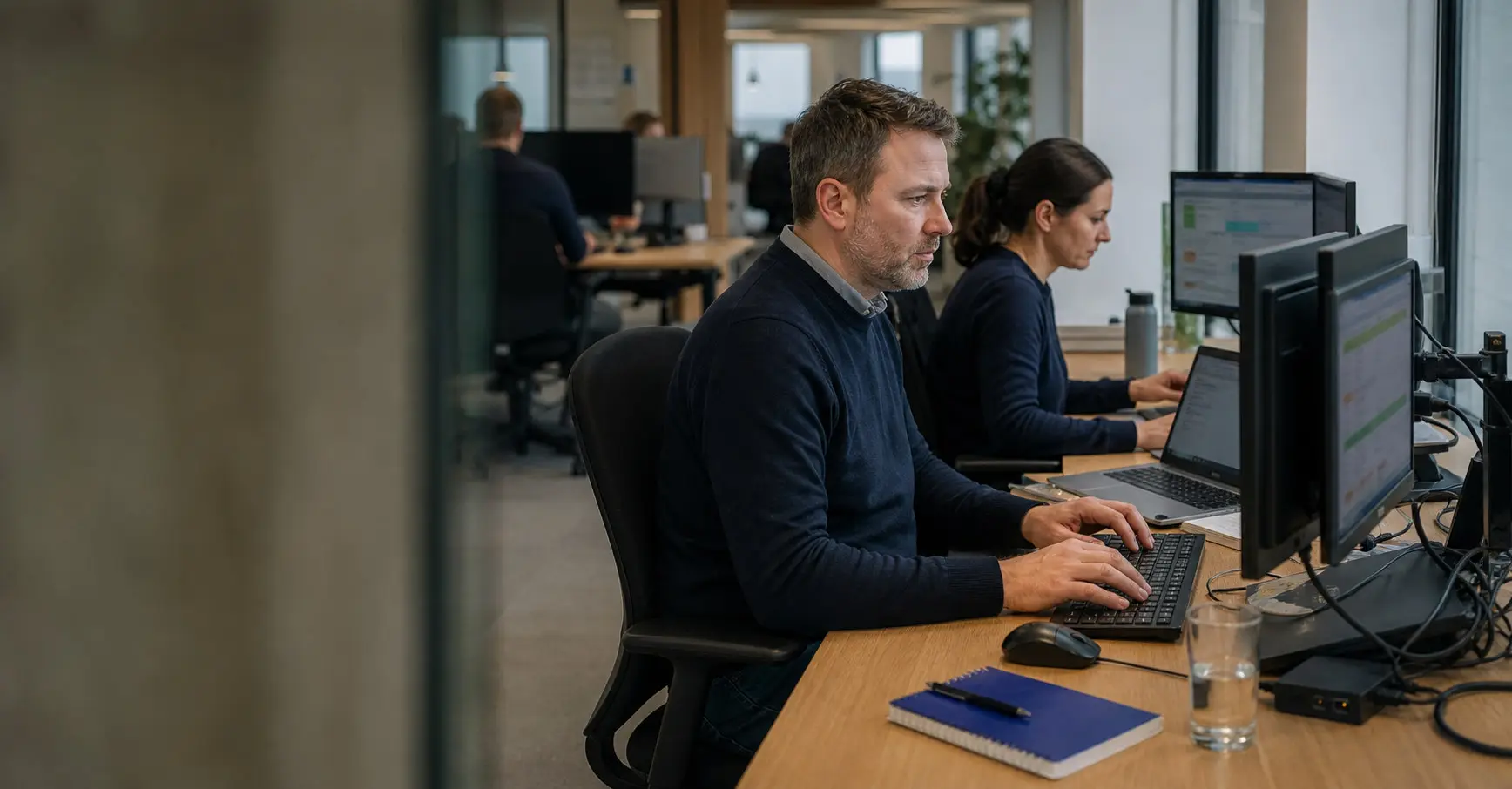 Two systems specialists configure and test business software at adjacent office workstations.